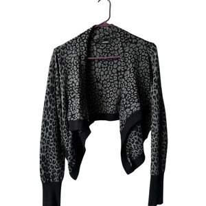 Express Black and Gray Cropped Leopard Print Draped Collar Sweater Shrug
